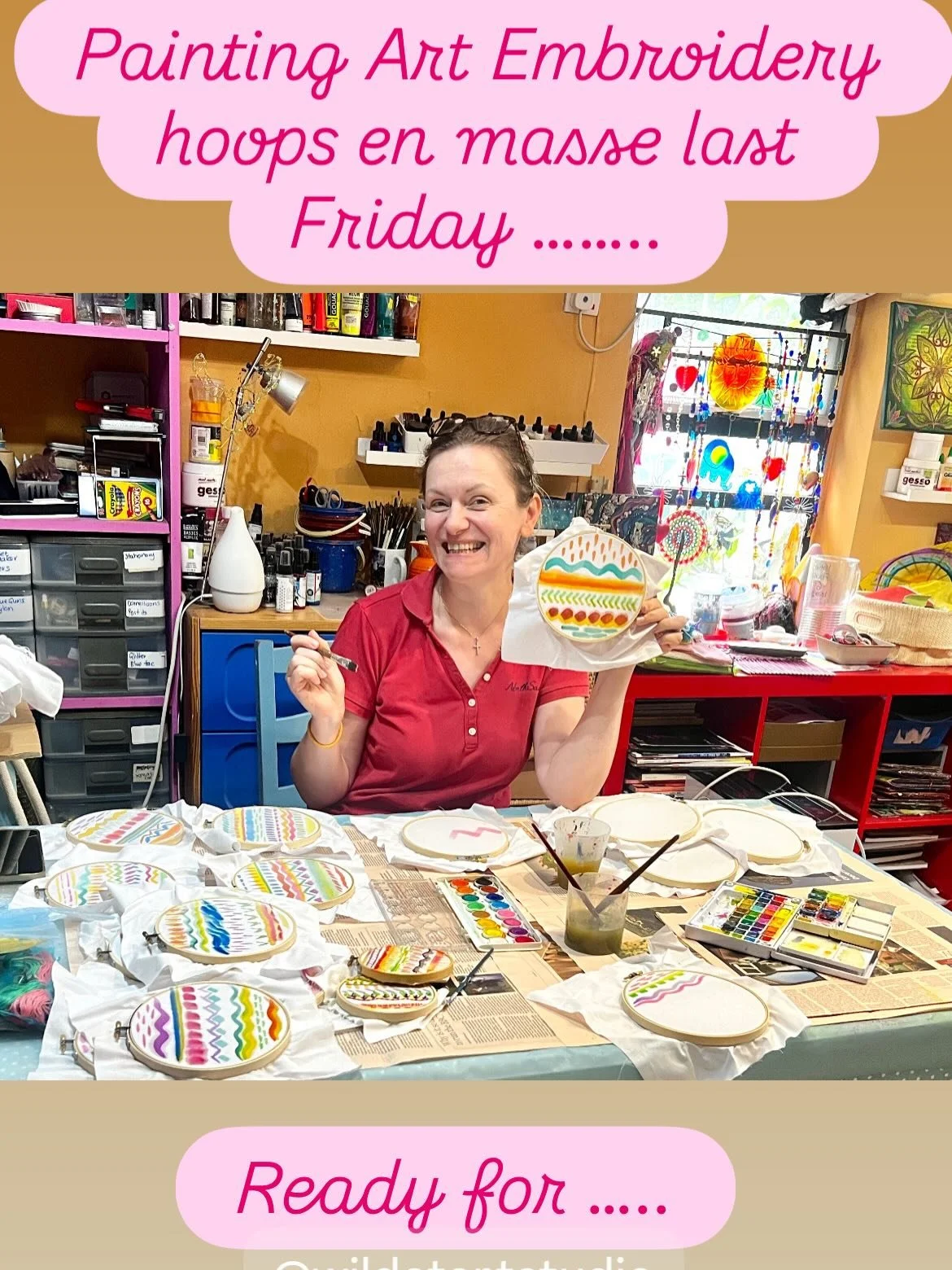 Engaging head, heart and hands yesterday with these lovely ladies, using a painted canvas as a way  into an embroidery practice takes away the scary &ldquo; white Page&rdquo; or white fabric feeling and provides a colourful invitation into the sewing
