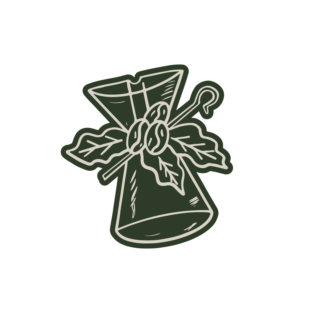 Line drawing of a Christmas-themed coffee cup with holly, leaves, and coffee beans.