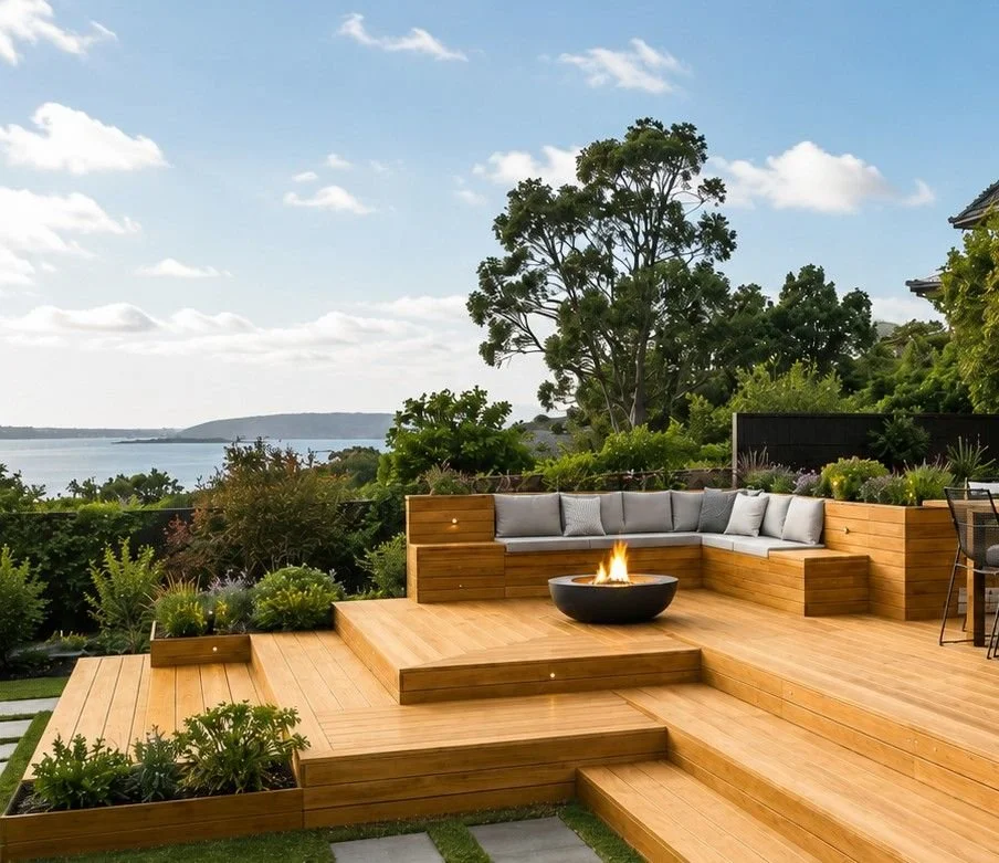 seating area on garapa deck in tauranga
