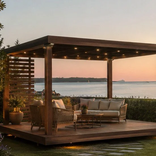 floating deck with seating and pergola
