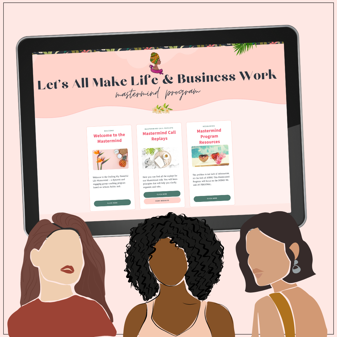Graphic with clipart of  3 woman in front of a computer screen with master mind website