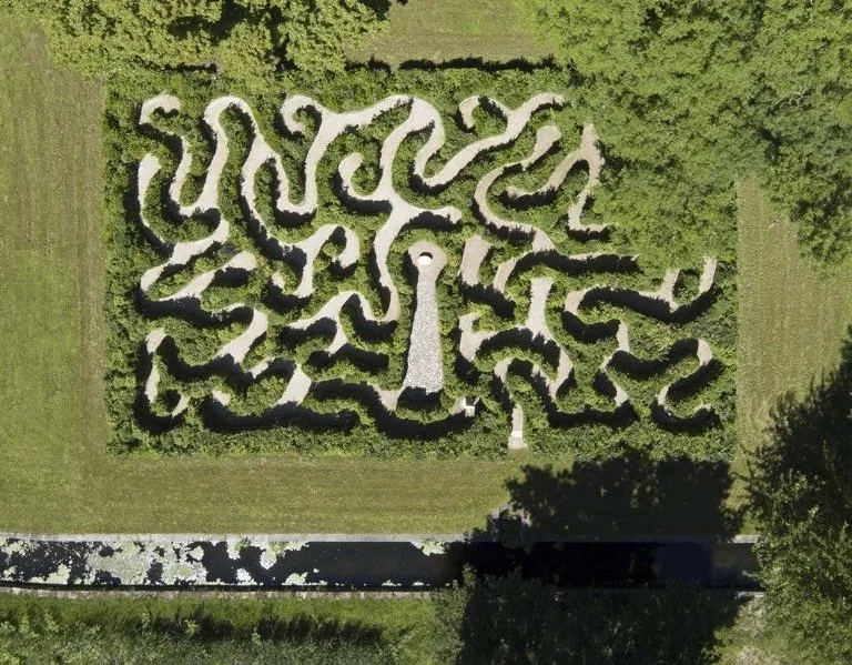Un labyrinthe en haies dans un parc avec des arbres environnants.