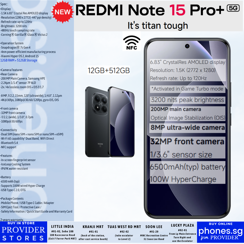 Redmi Note 15 Pro+ 5G (12GB +12GB Extended RAM/ 512GB Storage/ 200MP Rear Camera/ 120Hz + AMOLED) Mobile Phone - Singapore Warranty