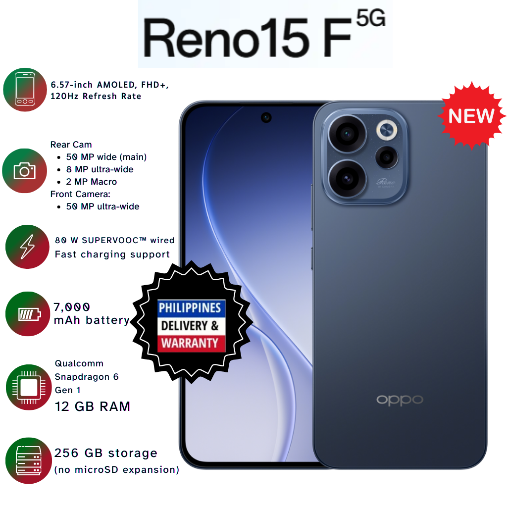Oppo Reno15 F 5G (12GB + 12GB Extended RAM/ 256GB Storage / 50MP Rear Camera/ 32MP Selfie/ 120Hz FHD+ AMOLED) Cellphone - Philippine Delivery & Warranty