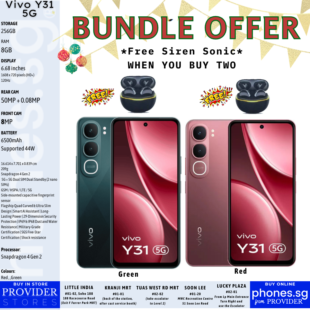 Bundle Offer:  Two Units Vivo Y31 5G (8GB/256GB) Smartphones w/Free* Two Vivo Siren Sonic Earbuds (*till stocks last)