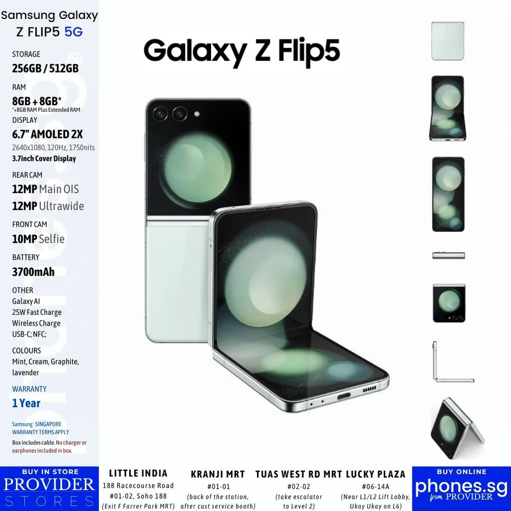 Samsung Galaxy Z Flip5 120Hz AMOLED 2X/ Flex Window/  FlexCam 5G Mobile Phone w/FREE*Samsung Galaxy Buds FE  Singapore