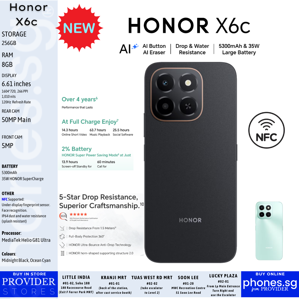 HONOR X6c 4G (8GB + 8GB Extended RAM/ 256GB Storage/ 50MP Main Camera) Mobile Phone - Singapore Warranty