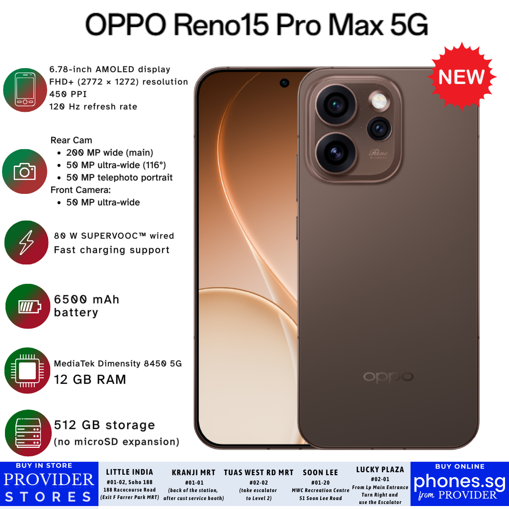 Oppo Reno 15 Pro Max 5G (12GB + 12GB Extended RAM/ 512GB Storage / 200MP Wide Angle + 50MP Ultra Wide / 50MP Telephoto/ AMOLED) Smartphone - Singapore Warranty