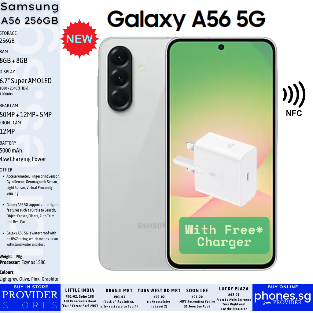 Samsung Galaxy A56 5G (8GB RAM + 8GB RAM Plus/ 256GB Storage/ 50MP Rear Camera/ 32MP Selfie/ 120Hz AMOLED) Smartphone - SG Warranty w/ Samsung Adapter T2510