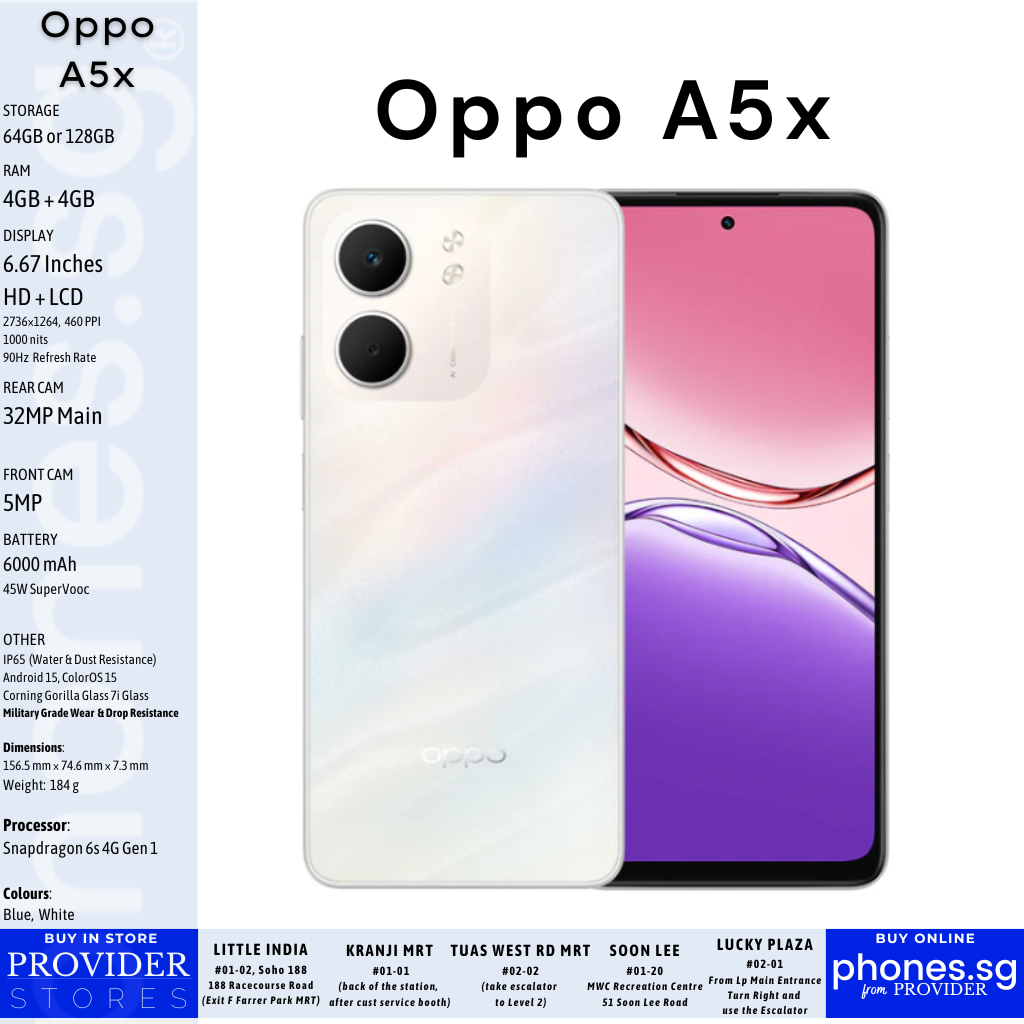 Oppo A5x  (4GB RAM | 64GB or 128gb Storage | Mobile Phone - Singapore Warranty