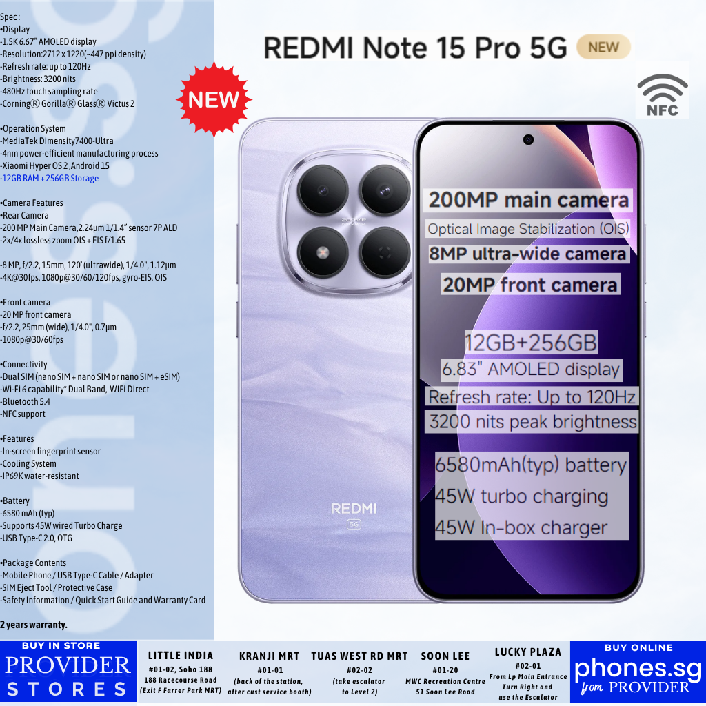 Redmi Note 15 Pro 5G (12GB +12GB Extended RAM/ 256GB Storage/ 200MP Rear Camera/ 120Hz + AMOLED) Mobile Phone - Singapore Warranty