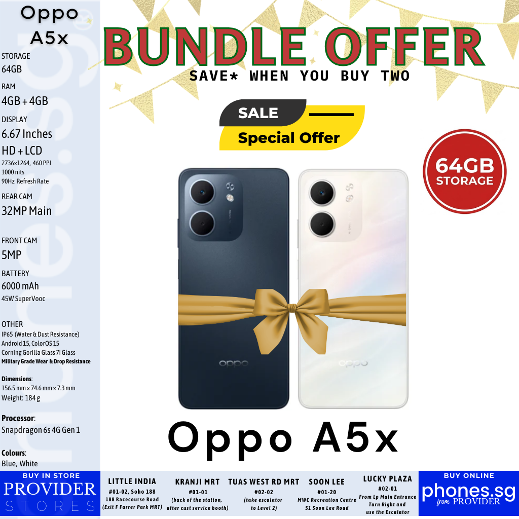 Bundle Offer: Oppo A5x - 4GB/64GB Smartphones - Singapore Warranty