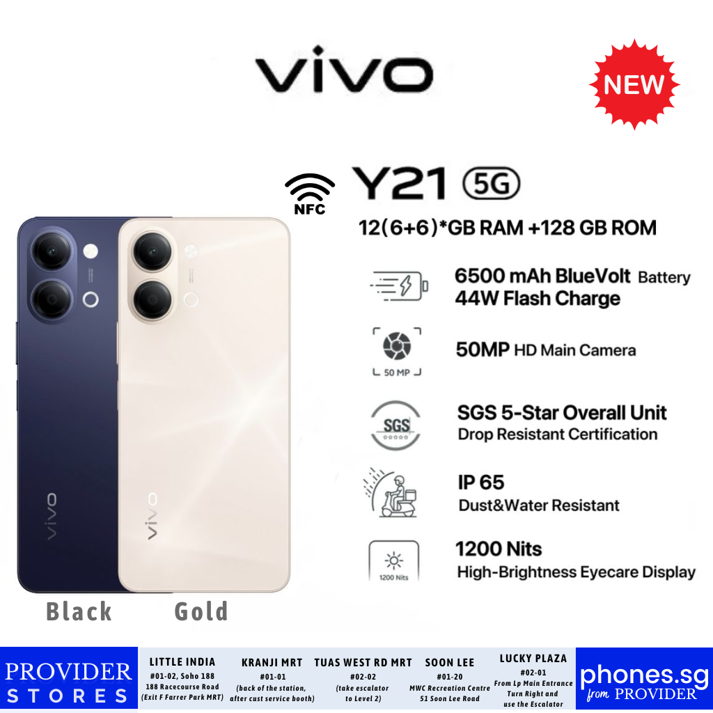 Vivo Y21 5G - 6.68 inches | 6GB +6GB Extended RAM | 128GB Storage | 50MP Camera - Mobile Phone - Singapore Warranty