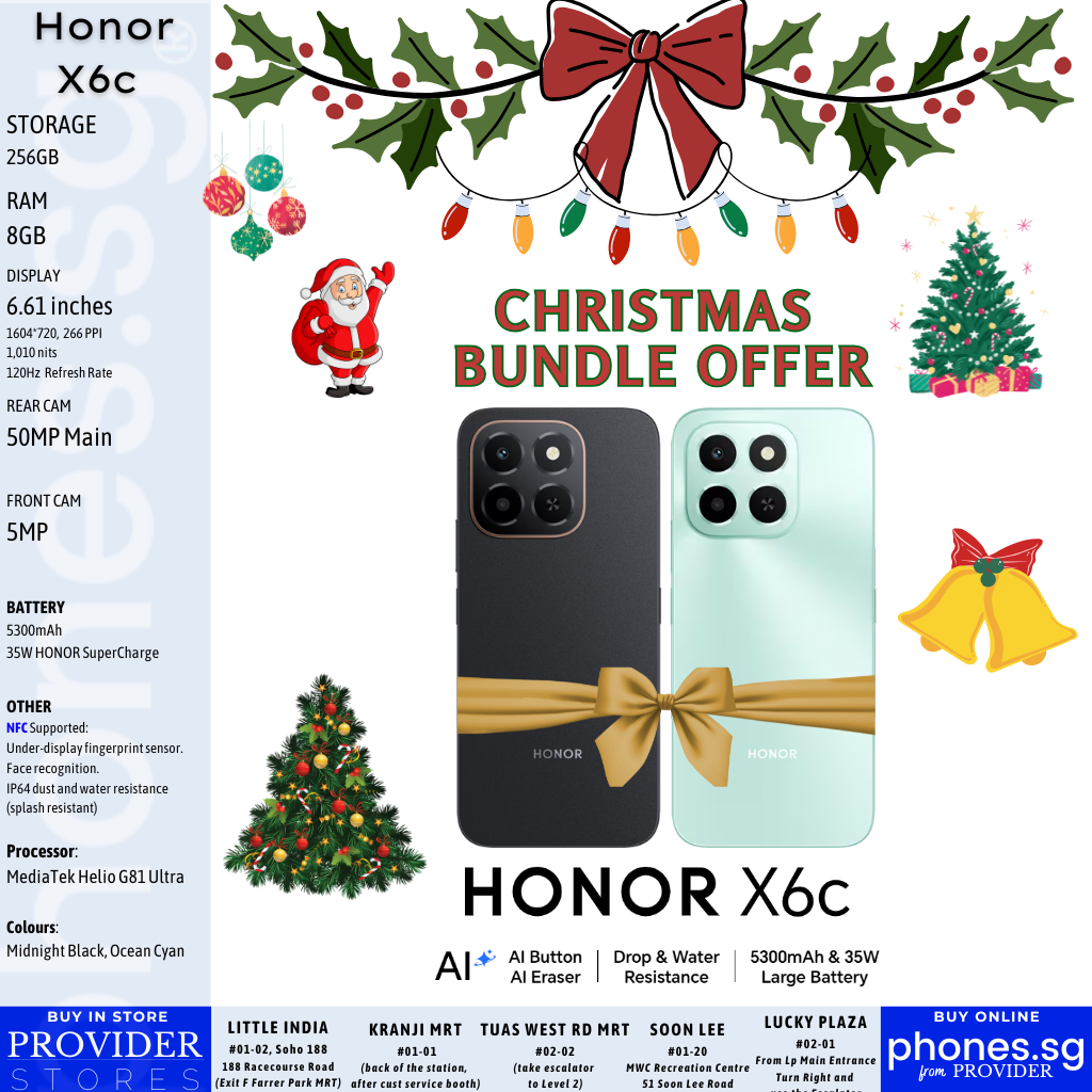 Bundle Offer: Honor X6c phones (8GB + 8GB Extended RAM/ 256GB Storage/ 50MP Main Camera) Mobile Phone - Singapore Warranty