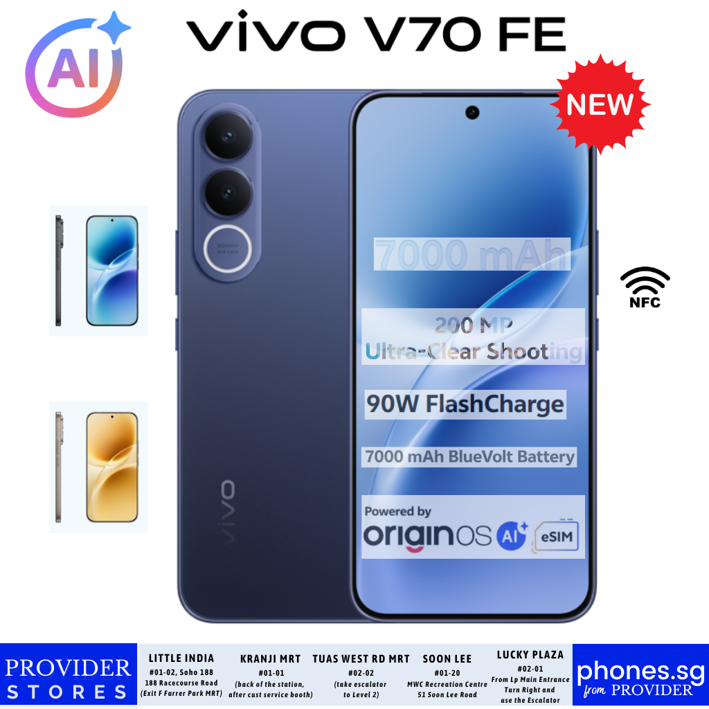 Vivo V70 FE 5G (8GB +8GB RAM / 256GB Storage/ Triple 200MP OIS + 8MP Ultrawide / 120Hz FHD+ AMOLED) Mobile Phone - Singapore Warranty w/Free* Vivo Buds Air 3  (*till stocks last)