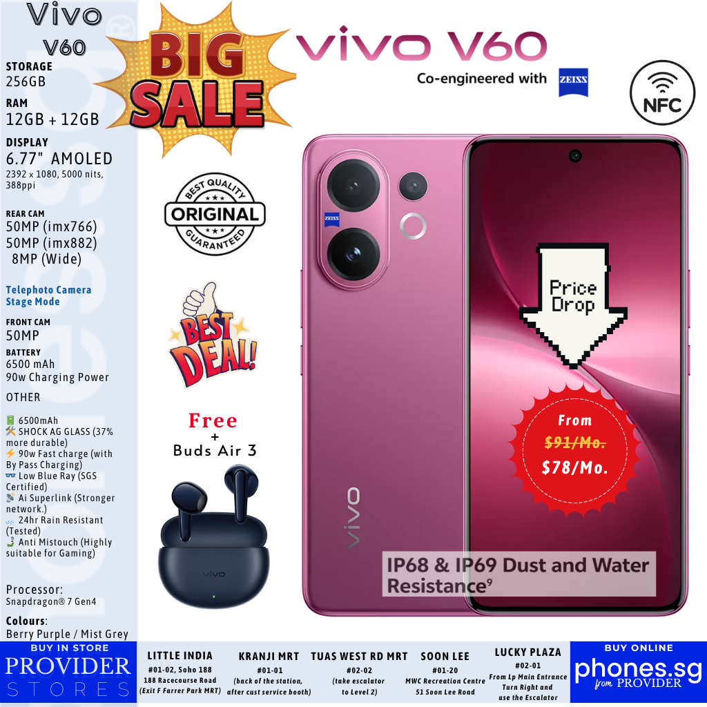 Vivo V60 5G (12GB +12GB RAM / 256GB Storage/ Triple 50MP Zeiss Cameras / 120Hz FHD+ AMOLED) Mobile Phone with Free* Vivo Buds Air 3  (*till stocks last)