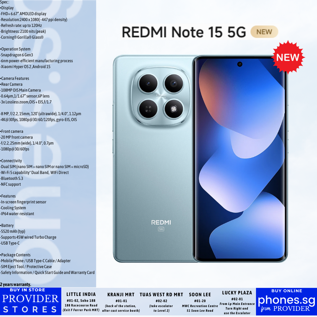 Redmi Note 15 5G (8GB +8GB Extended RAM/ 256GB Storage/ 108MP Rear Camera/ 120Hz + AMOLED) Mobile Phone - Singapore Warranty