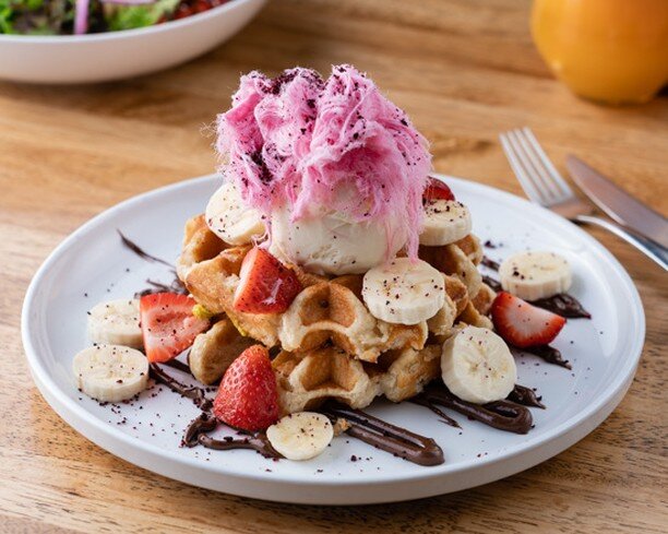 Feeling cheeky? 😜Come on in and try our Saturday favourite!Golden toasted waffles, Canadian maple, bananas, strawberries, berry crumble, Vanilla ice cream &amp; Persian fairy floss 🍓🍌🍫😍😍😍 ⁠
.⁠
.⁠
.⁠
.⁠
#cheeky #saturday #waffles #nutella #pers