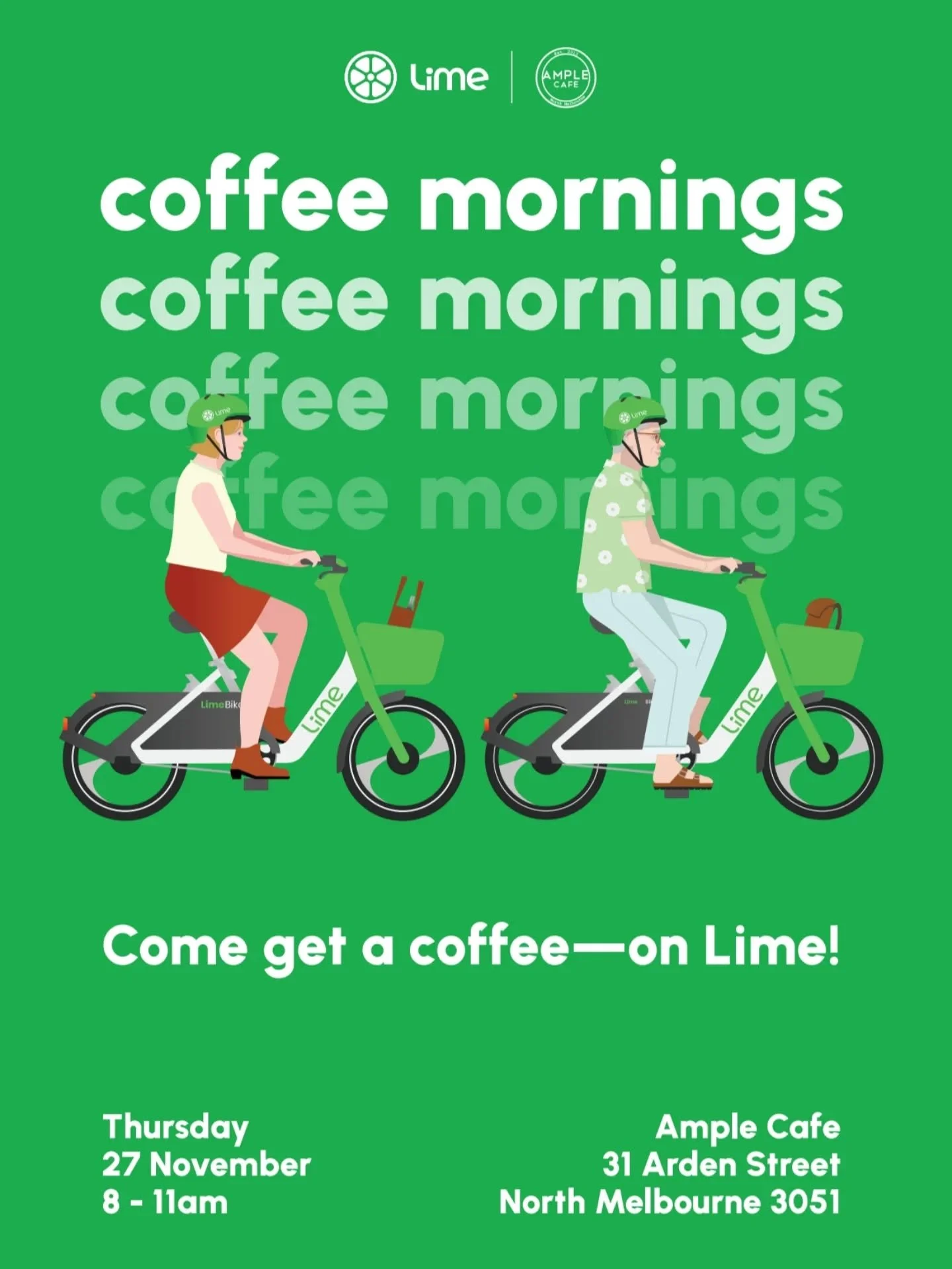 Lime Australia in collaboration with Ample cafe will be offering free coffee on Thursday 27 November between 8am and 11am.

We look forward to seeing you then!