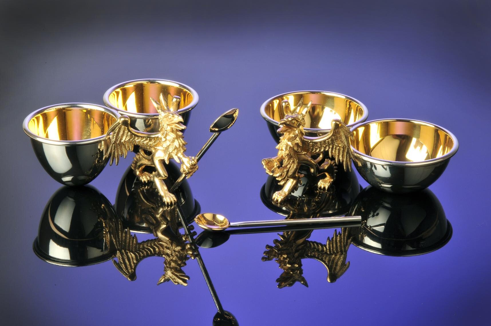 Condiment bowl and spoon silver and gold griffin design