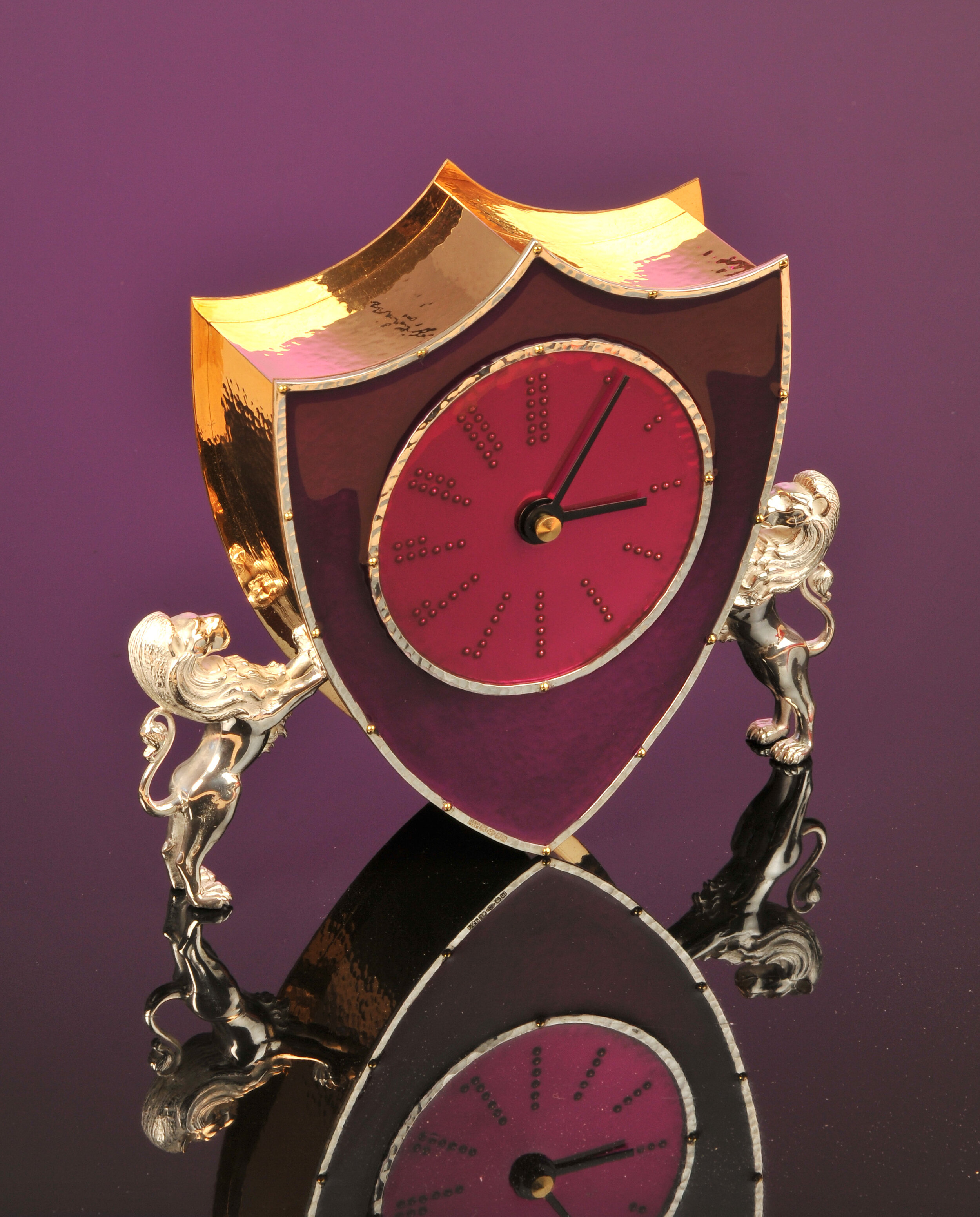 Silvert gold and enamel clock lion design purple pink
