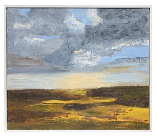 &lsquo;Towards Carl Wark&rsquo; 030. Acrylic on canvas with narrow white frame. Width 63cm x 47cm. 
.
.
#carlwark #cloudysky #cathydeanpainter #sheffieldartist #acryliconcanvas #landscape #landscapepainter #acrylicpainter
