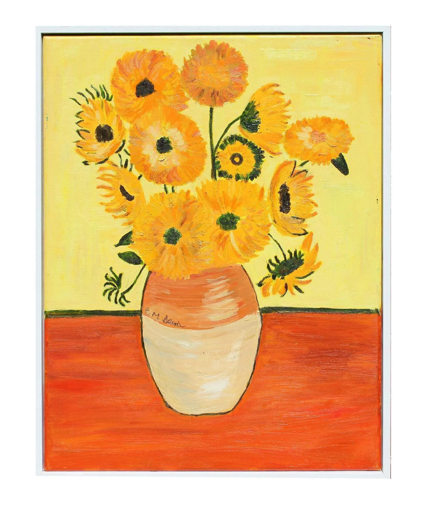 Homage to Vincent. Oil on Canvas, white wooden frame. Width 48cm x Height 63cm.
.
.
#sunflowers #summer #vincentvangogh #homage #inspiration #cathydeanpainter #sheffieldartist #oilpainting #yellow #orange