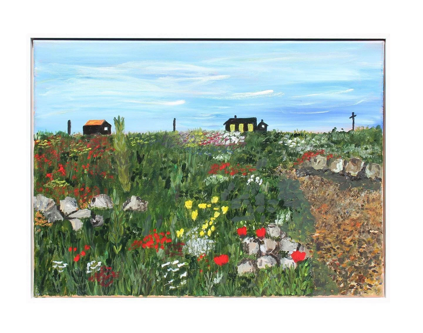 *SOLD* &lsquo;Derek Jarman's Garden' Acrylic on canvas with narrow white wooden frame. Width 64cm x Height 48cm.
.
.
#dungeness #derekjarman #prospectcottage #acrylicpainting #landscape #landscapepainter #cathydeanpainter #flowers #sheffieldartist
