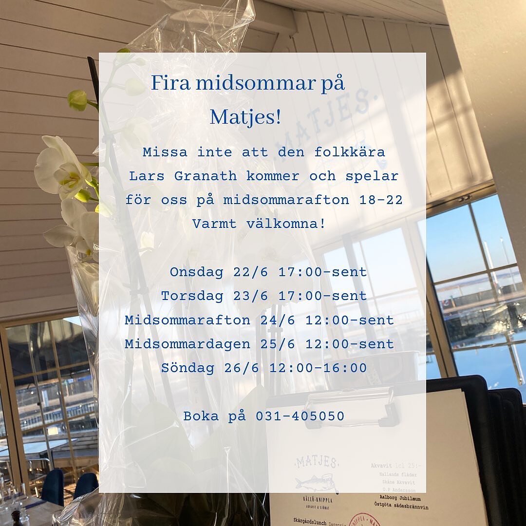 🌊Sk&auml;rg&aring;rdslunch midsommarafton: Matjes midsommarsallad med varmr&ouml;kt lax, f&auml;rskpotatis, prim&ouml;rer &amp; &ouml;rter. Serveras med roms&aring;s &amp; kavringkrutonger 185kr

🌊Sk&auml;rg&aring;rdslunch midsommardagen &amp; S&ou