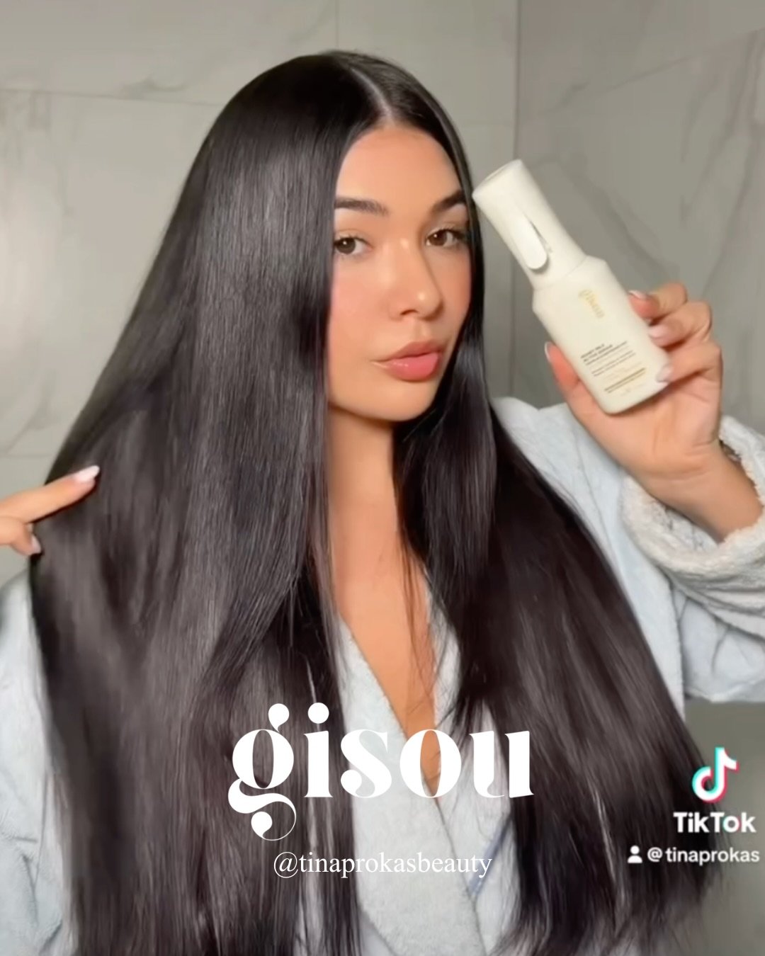 Tina partners again with @gisou , sharing her routine for ultra glossy hair with the new Gisou Honey Milk Leave-In Conditioner Mist🍯