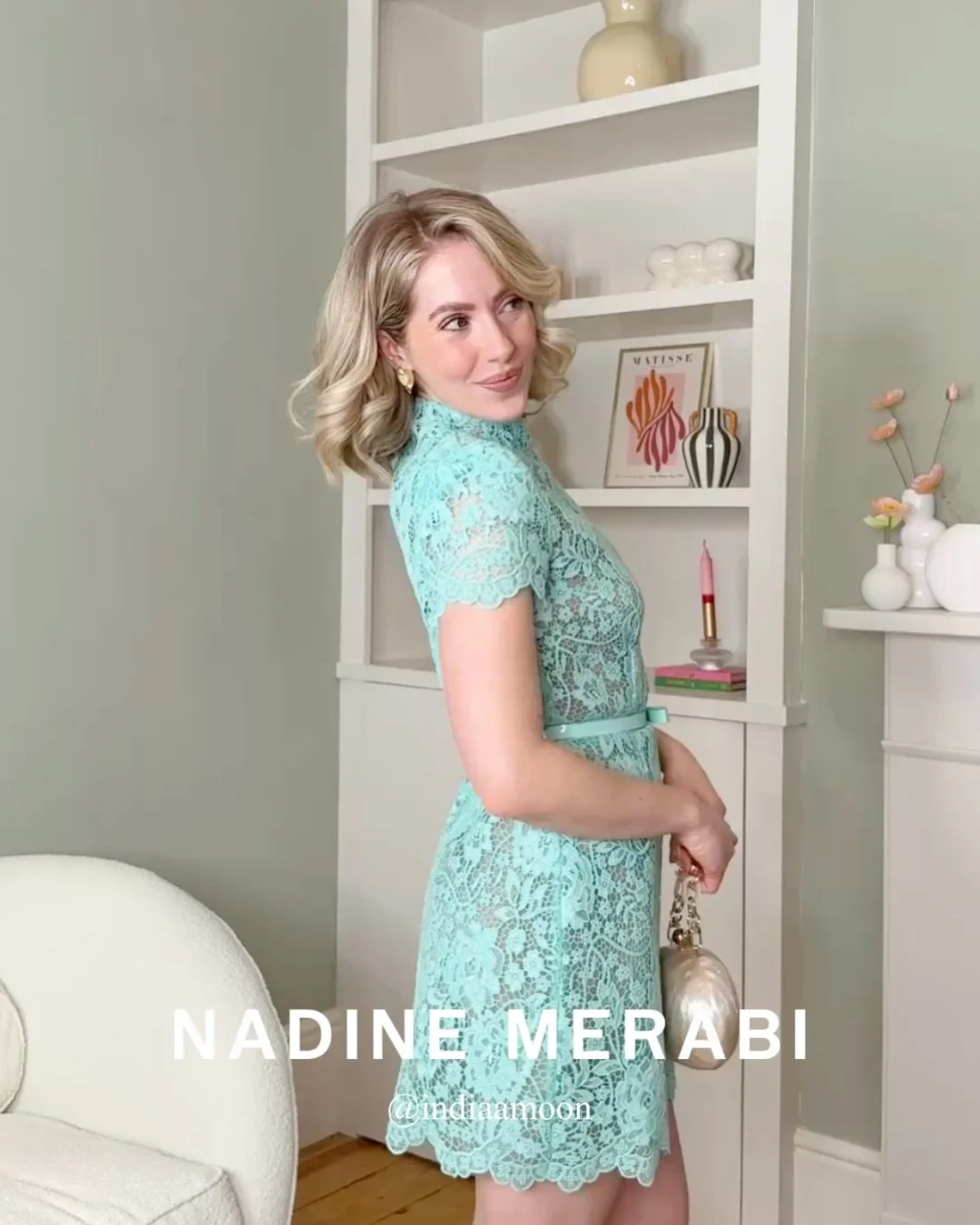 India is wedding guest ready, trying on beautiful pieces in partnership with @nadinemerabi 🩵