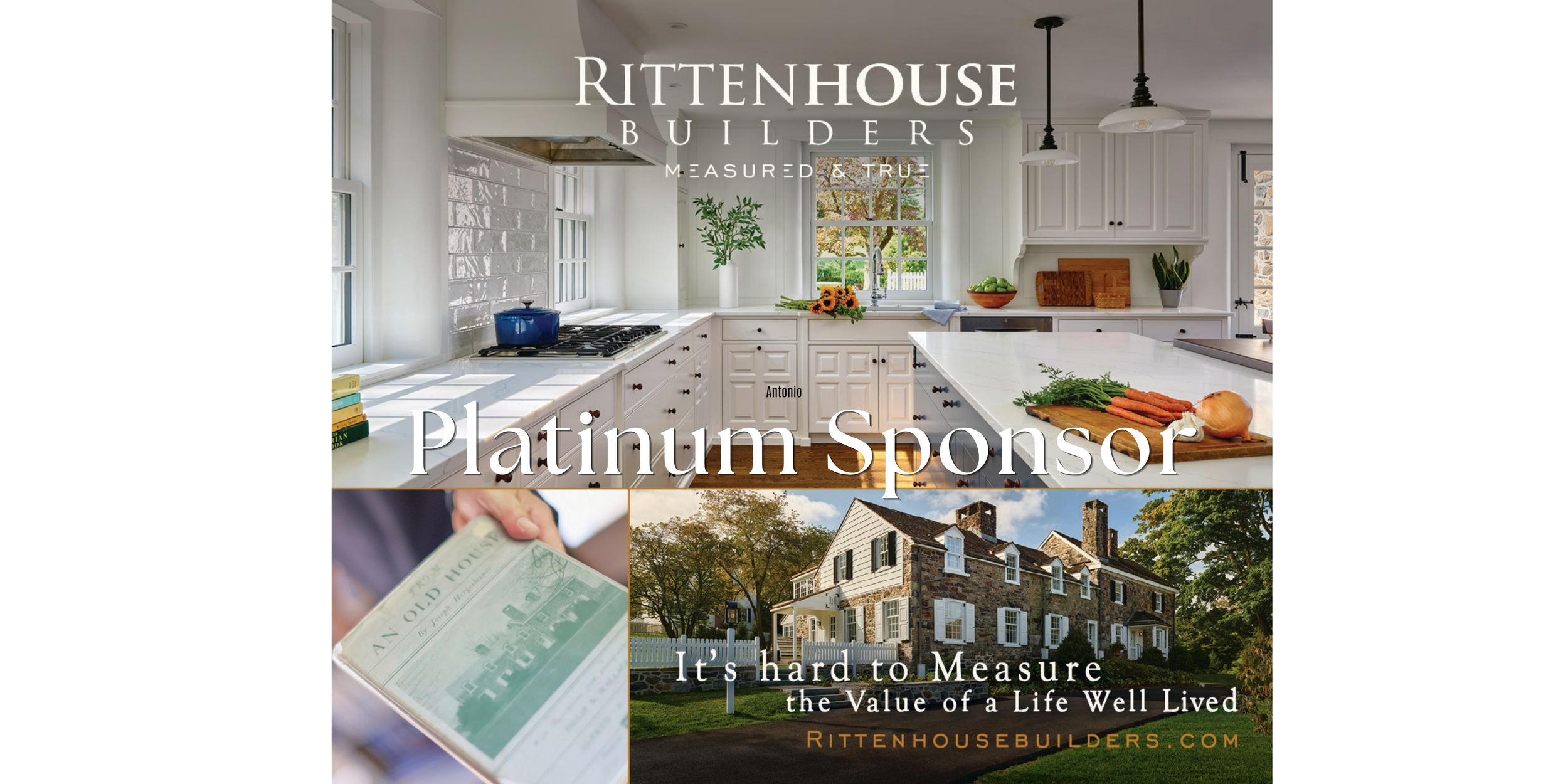 A promotional poster for Rittenhouse Builders featuring an interior kitchen, a person holding a house plan, and a house exterior with trees, with overlaid text promoting their services and sponsorship.