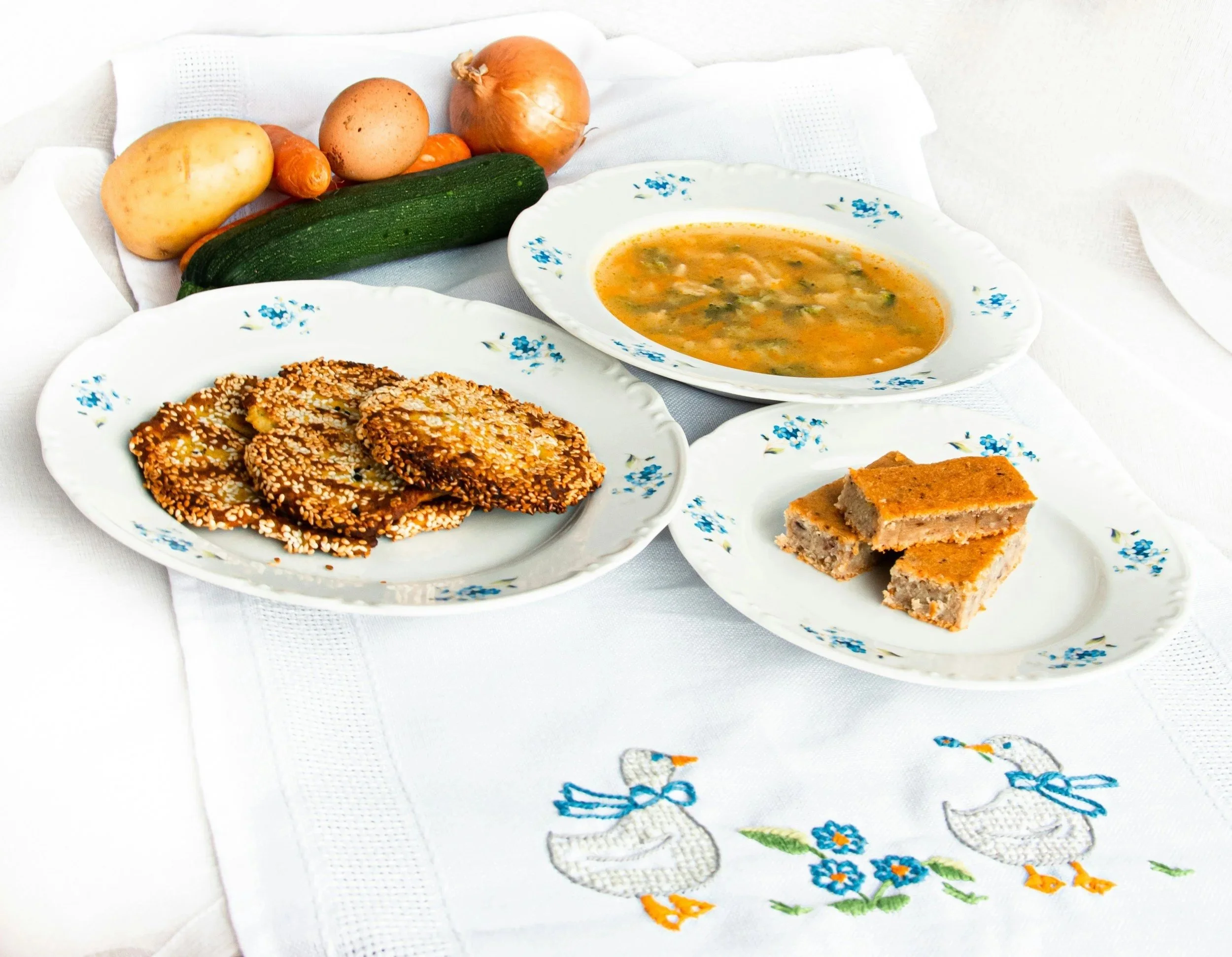 A table setting with food.
