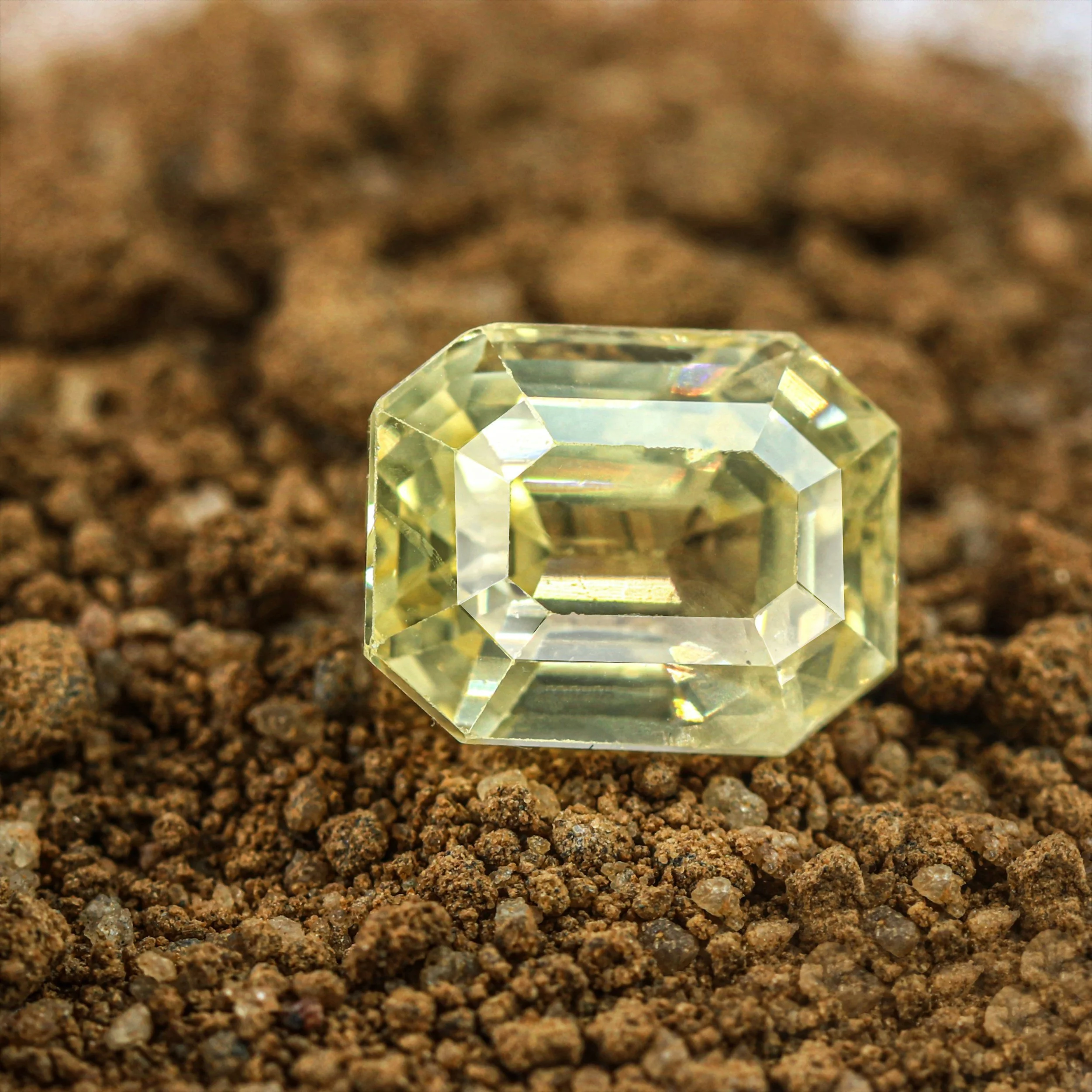 A yellow emerald-cut diamond/ gemstone on dirt ground.