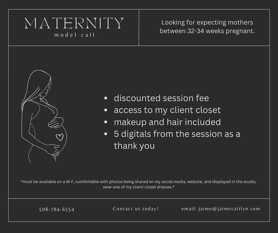 Maternity Model Call

Are you an expecting mother between 32-34 weeks pregnant? Inquire today about our model call we currently have going on. 

Receive a discounted session fee, hair and makeup, 5 digital images as a thank you, access to my client c