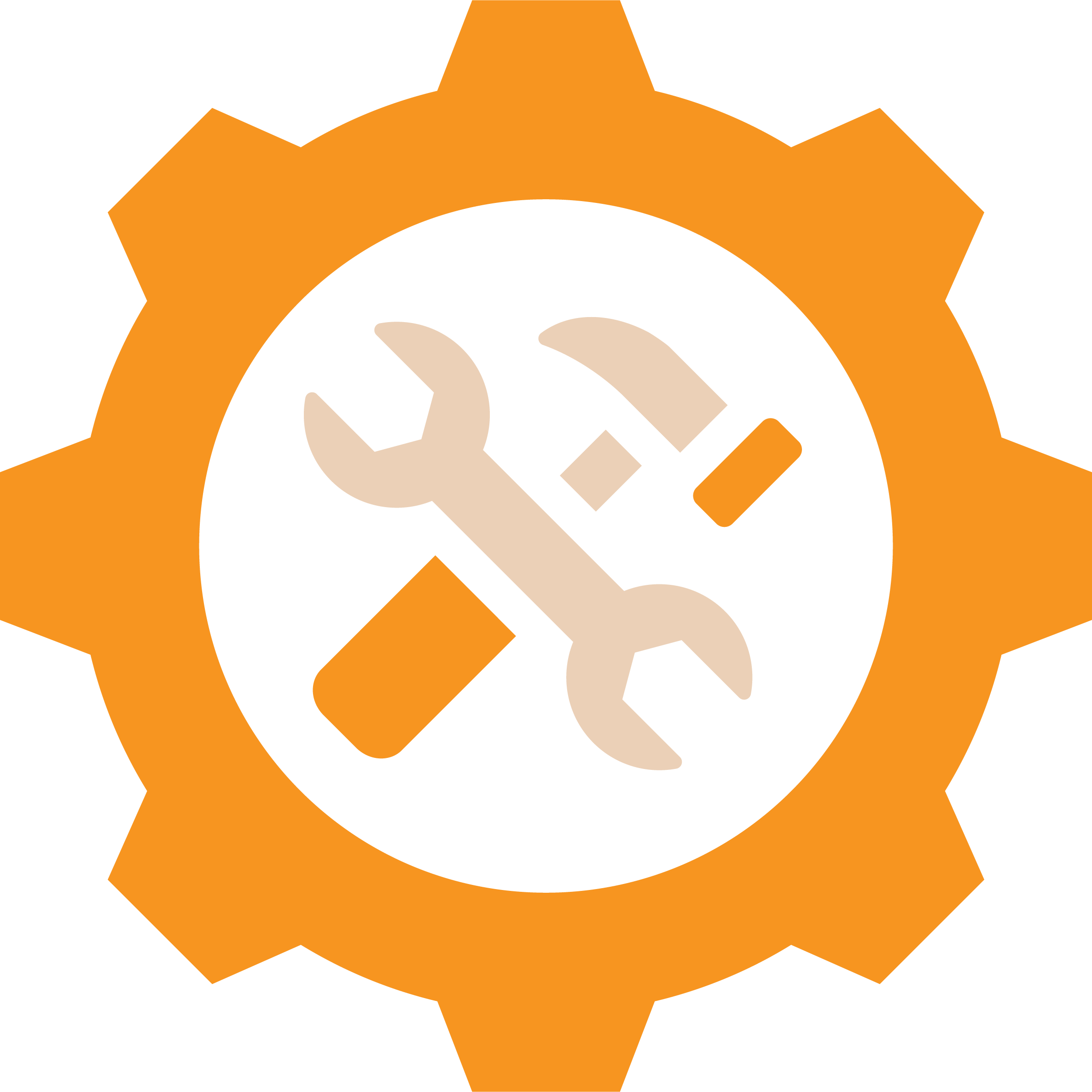 Icon of a gear with a wrench, hammer, and screwdriver in the center, symbolizing tools and repair.