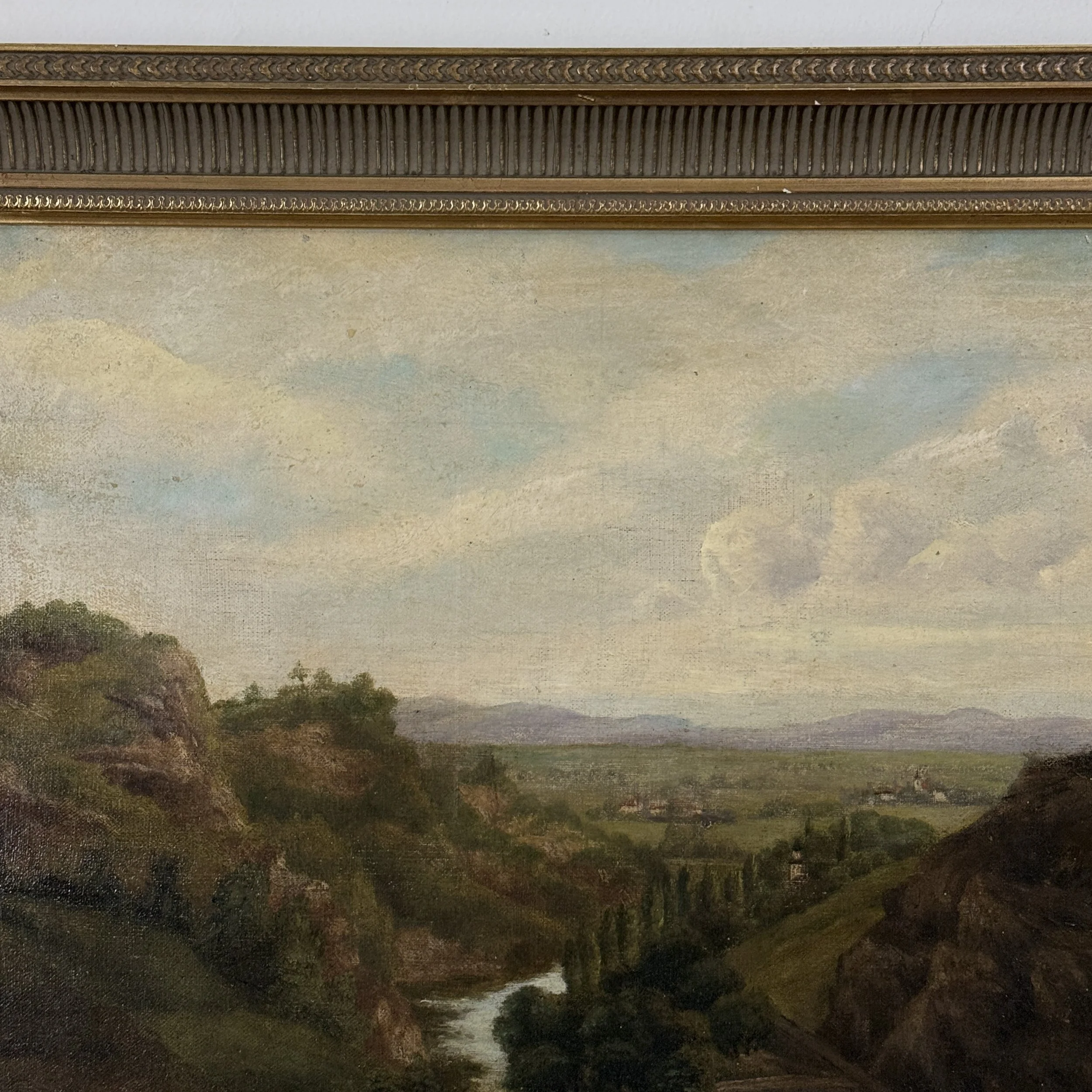 Antique Hudson River School mountainous landscape with river, oil on canvas