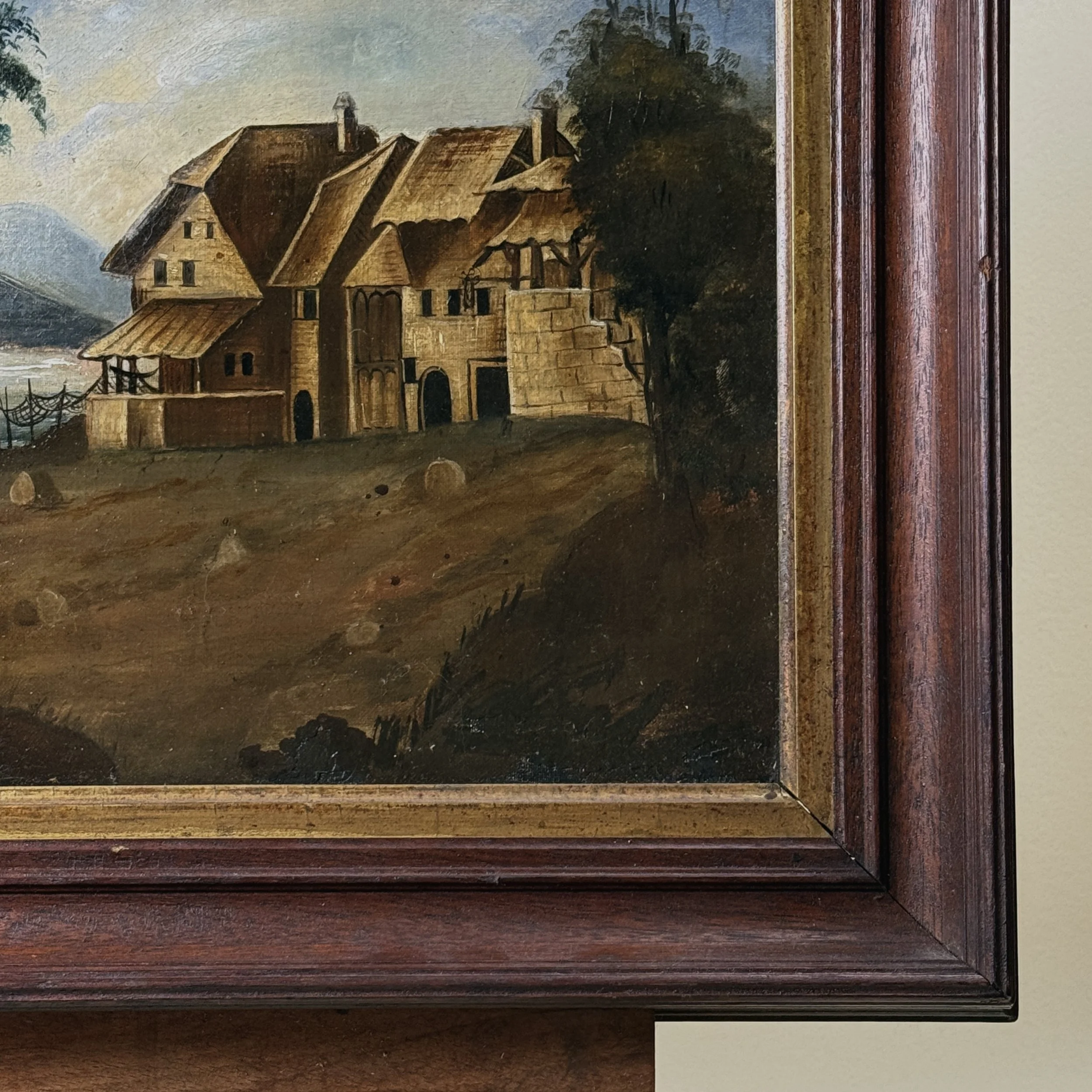 Frame corner. Wood frame. Gold inset trim detail.