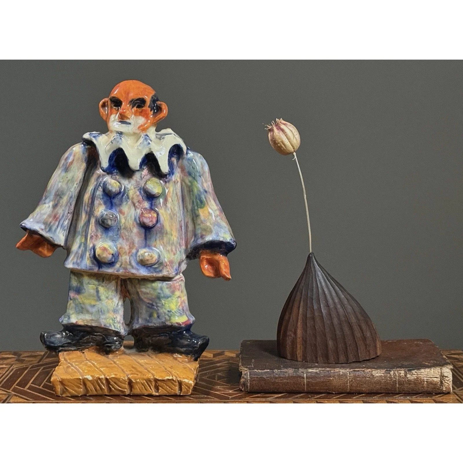 Jack Gerber’s clown sculpture in a vignette.