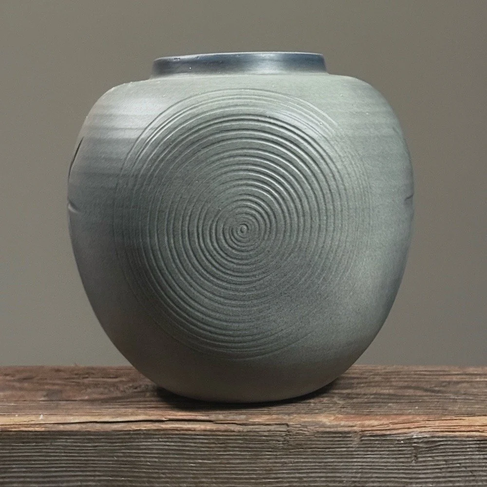 Vintage Japanese grey-blue etched vase, front view