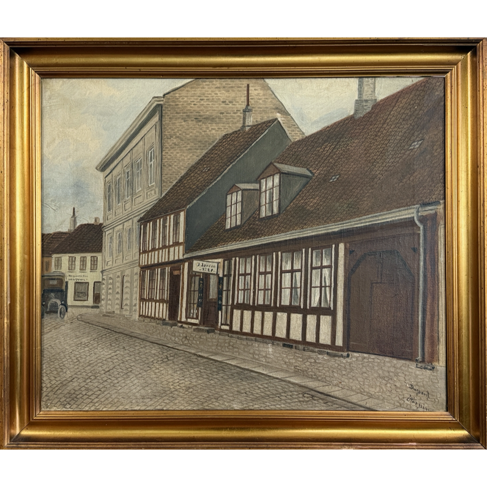 Full view of antique Danish Folk Art cityscape study of a street with buildings along right-hand side, oil on canvas, signed illegibly lower right, gilt frame