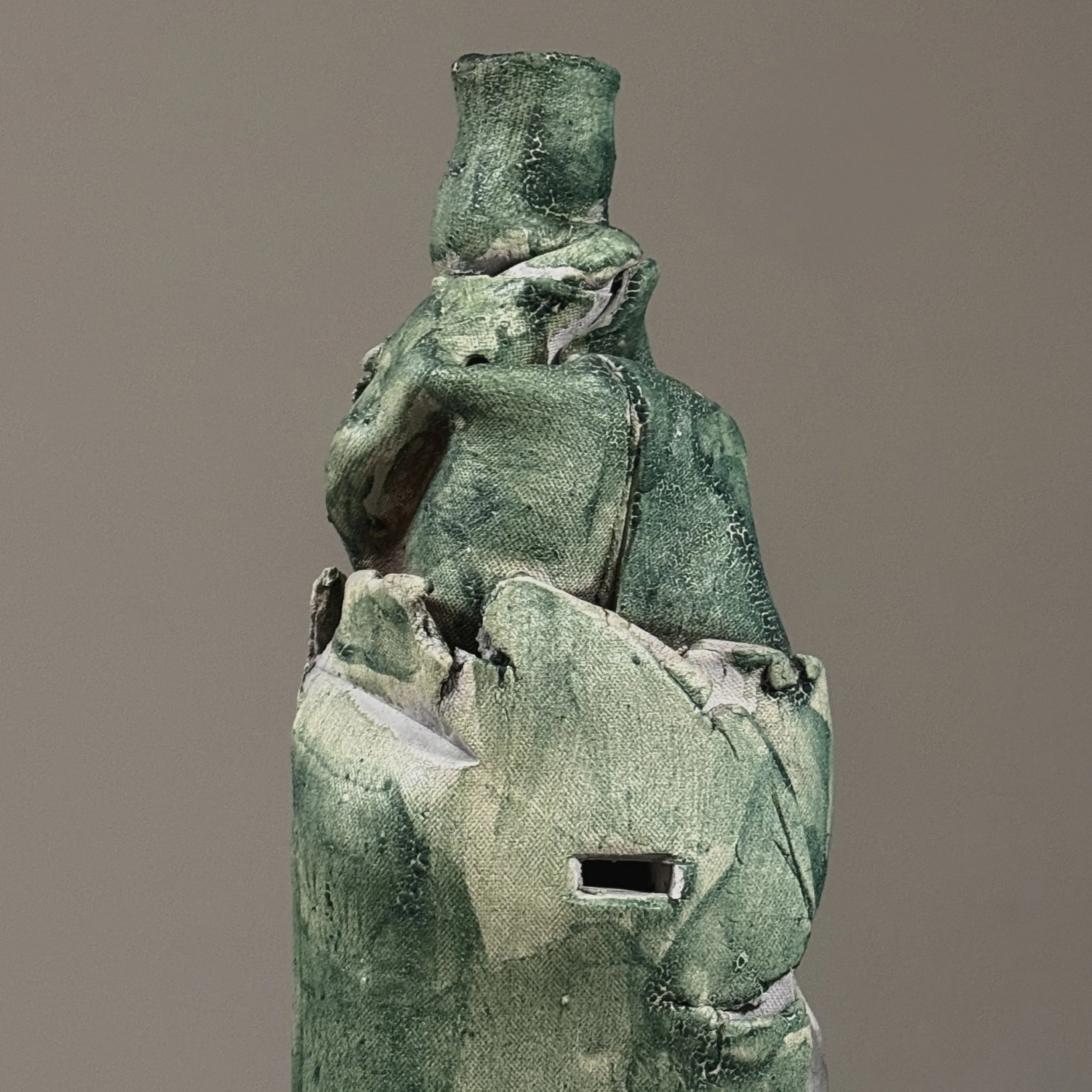 Vintage postmodernist slab-built stoneware vessel, iridescent oxblood and green glaze
