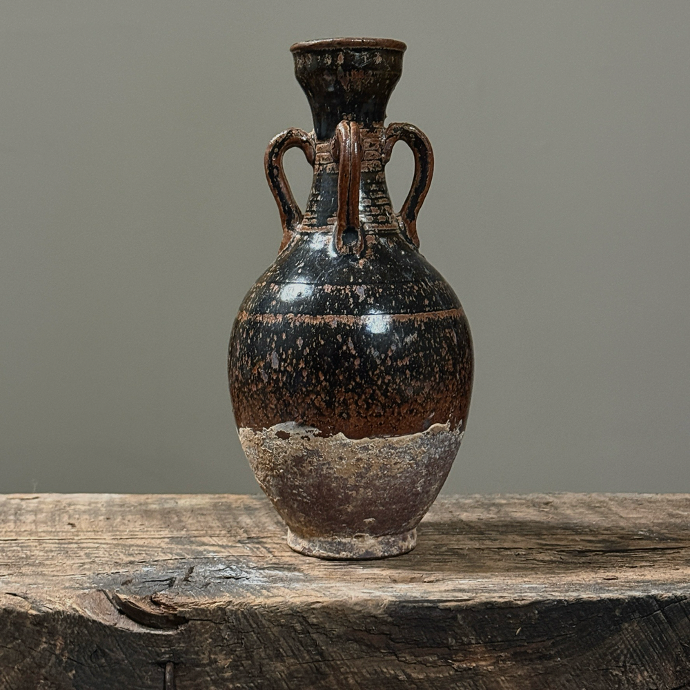 Full front view of antique four handled brown speckled glazed stoneware vessel, Cizhou kiln style amphora, 8 inches tall