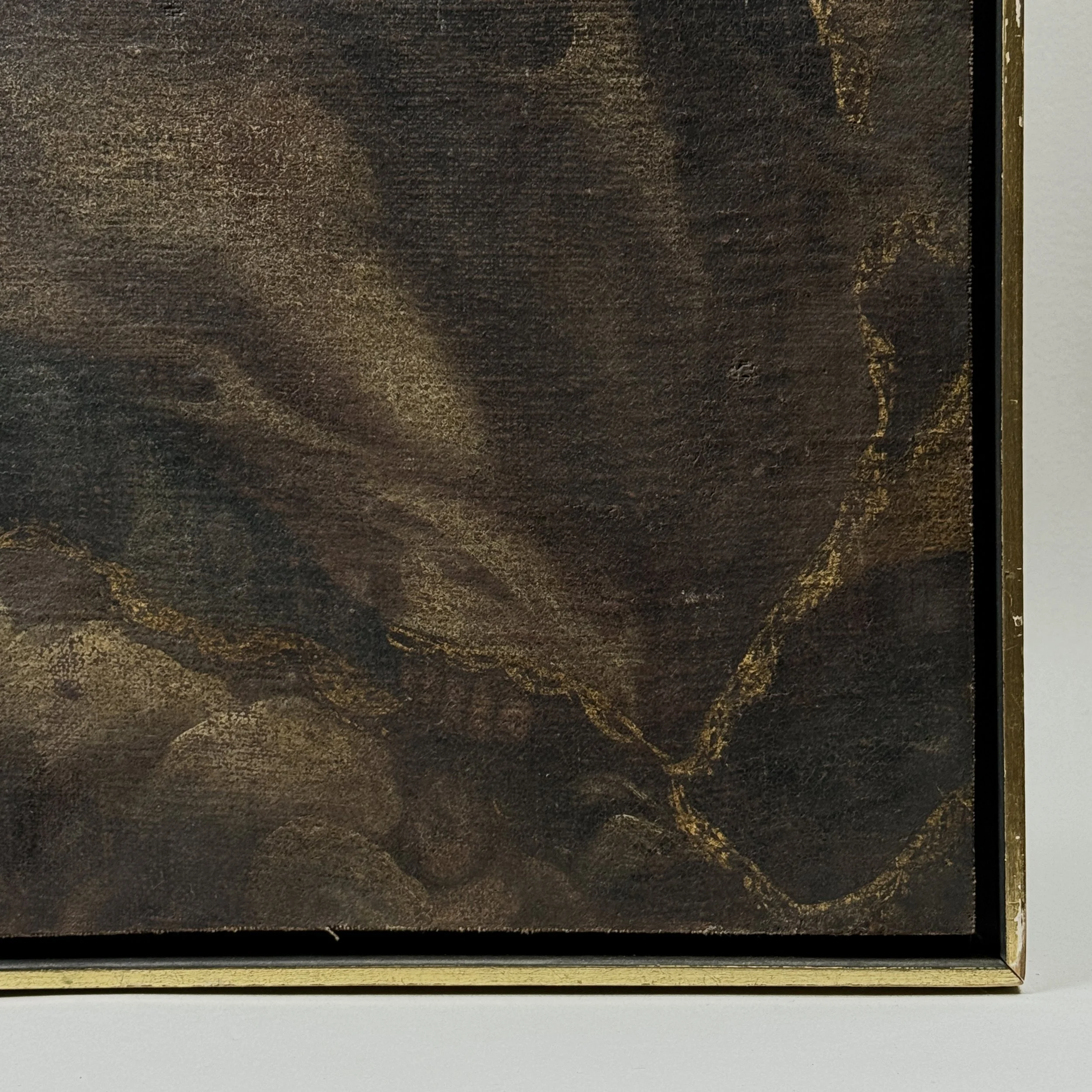 Frame corner. Wood construction. Gold trim.
