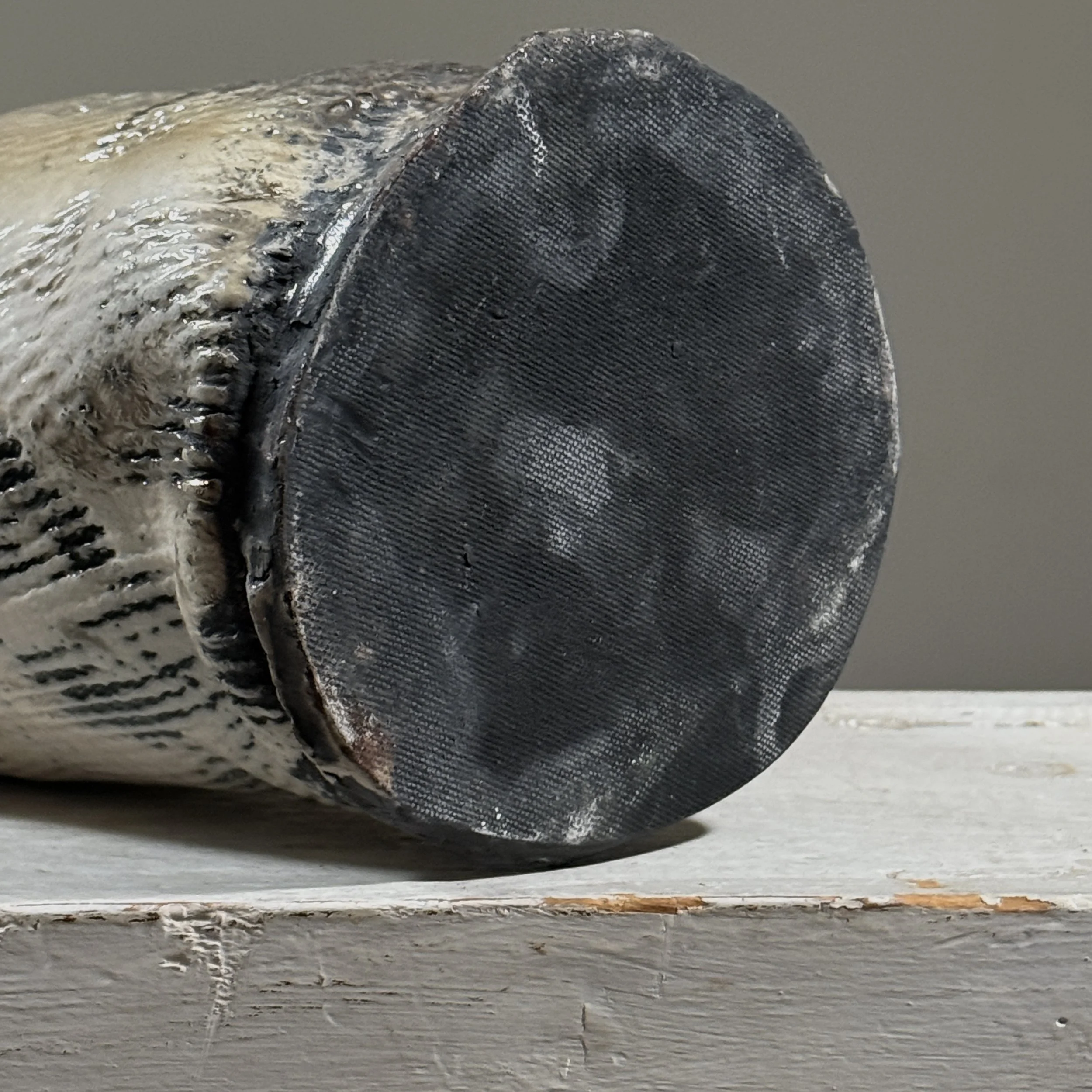 Vintage Brutalist Expressionist wood fired slab built crackle glaze vase