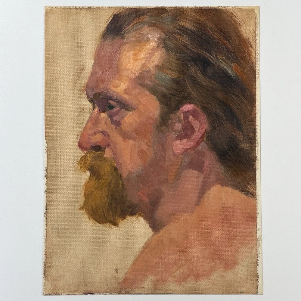Vintage realist profile portrait of a bearded man, c.1970, oil on canvas paper.