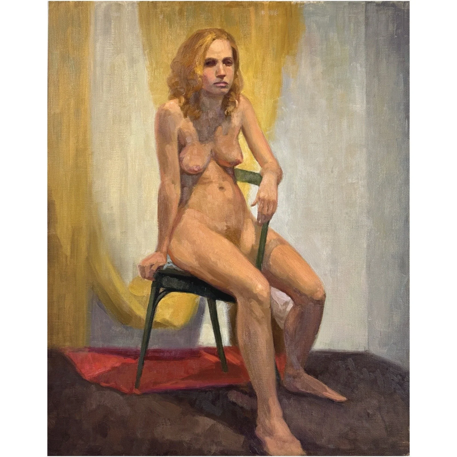 Vintage academic oil painting of a seated nude woman in a classic life study pose.