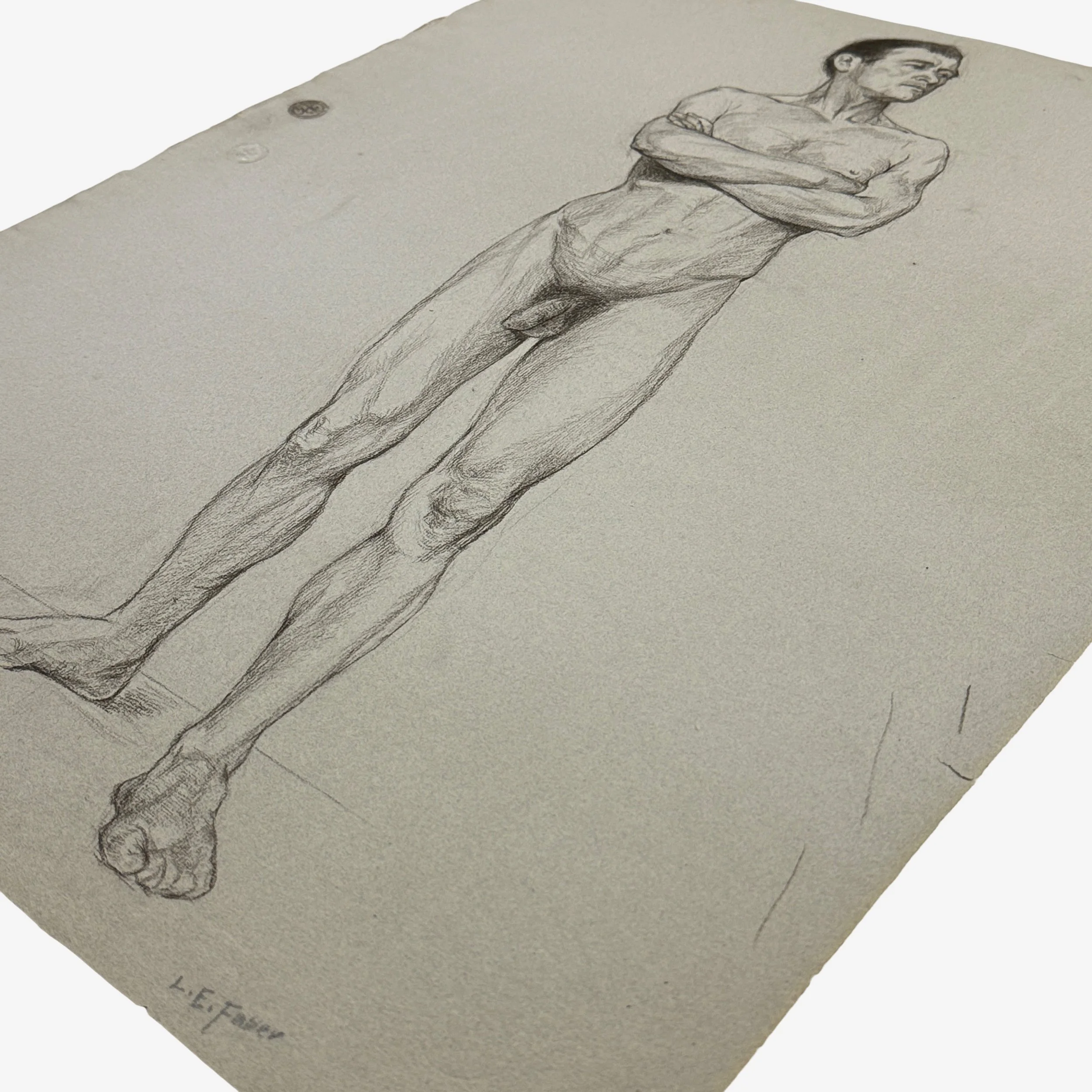 Full view of antique realist graphite figure drawing