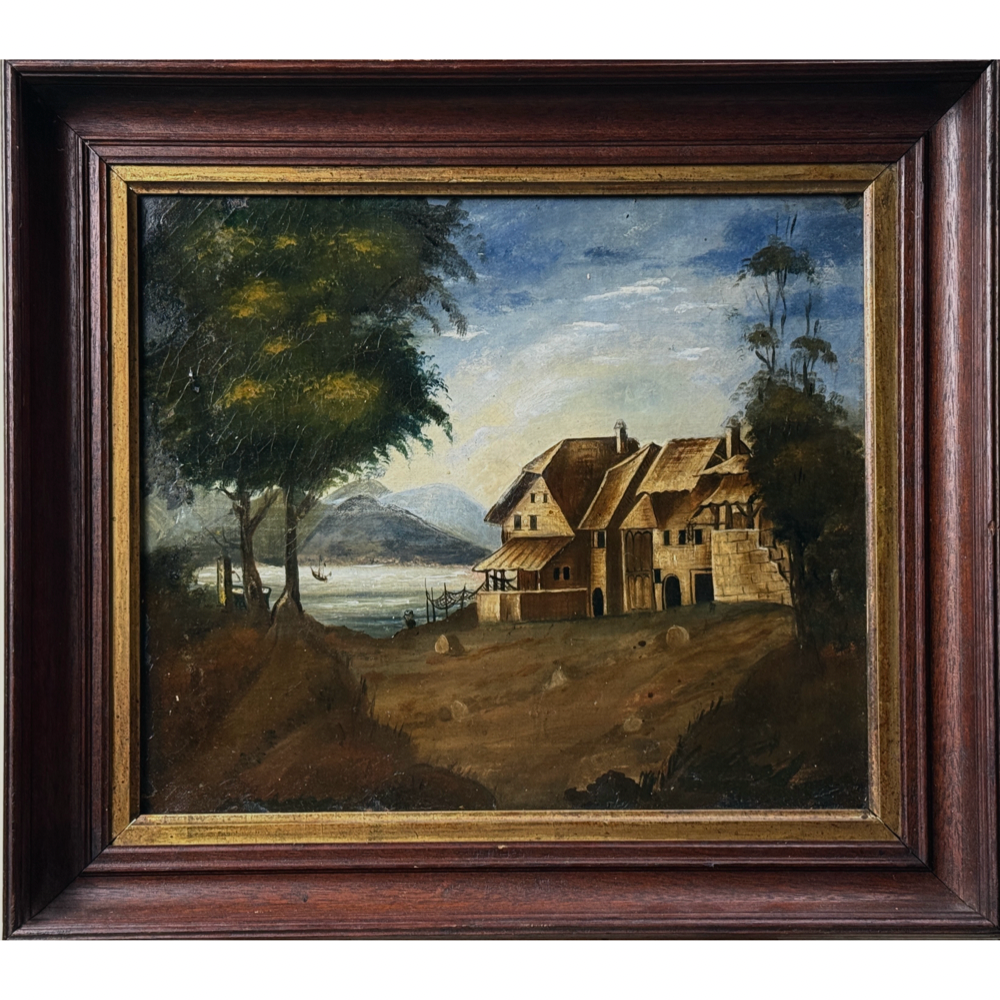 Antique folk art seascape with cottage. Oil on canvas. 18.5 inches wide by 16.5 inches high.