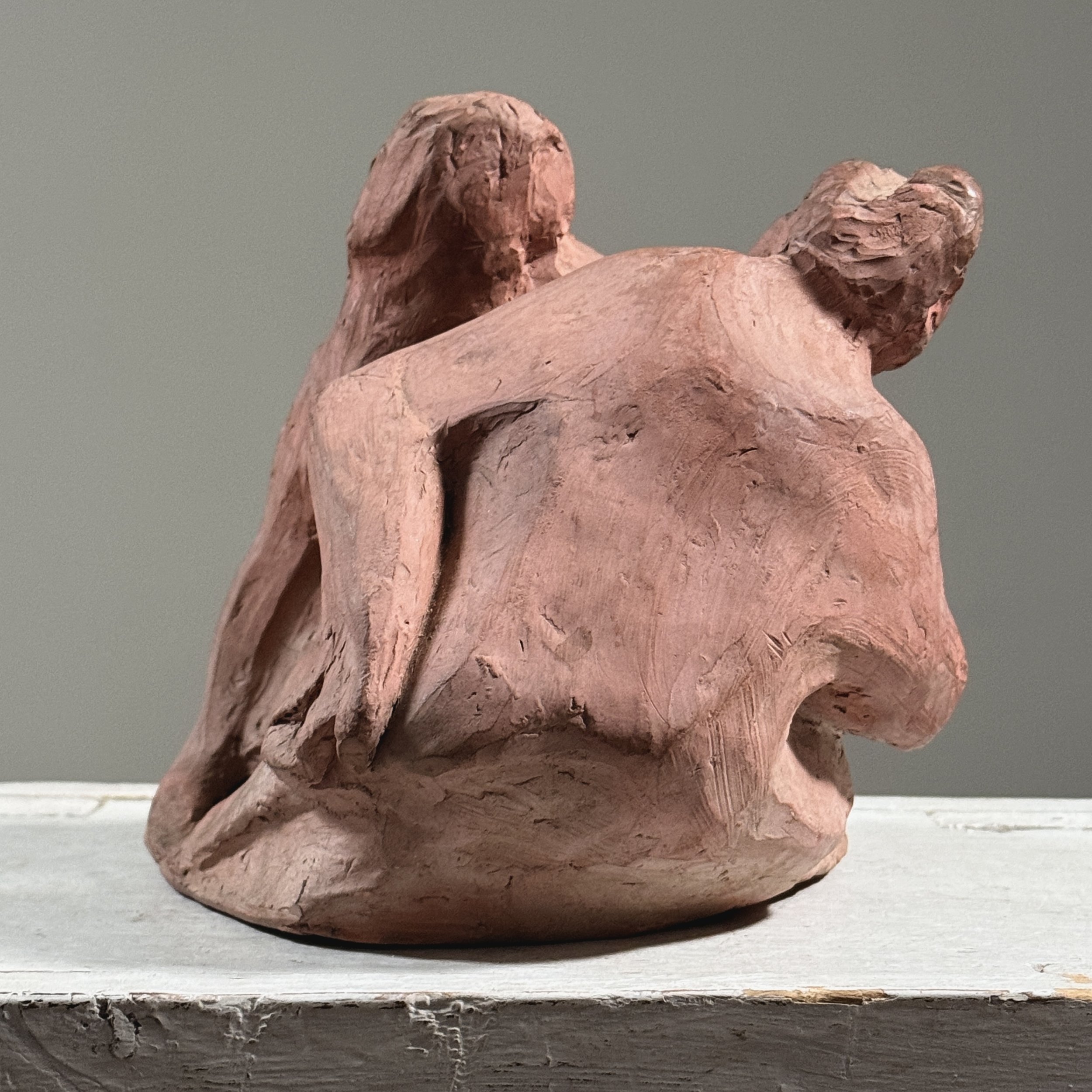 Vintage modernist figurative terracotta sculpture, two seated figures, signed